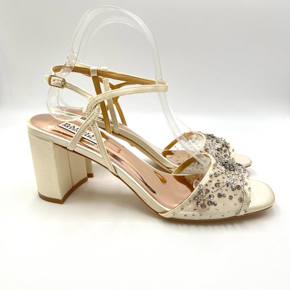 Badgley Mischka Size 8.5 Blaine Ivory Satin Jeweled Dress Sandals Heels Shoes - Picture 1 of 12